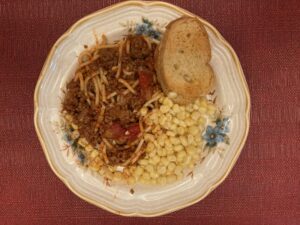 Unbalanced Meal - Spaghetti with corn and bread